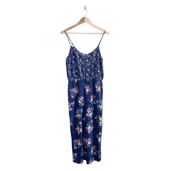 Pink Rose Womens Romper Jumpsuit Sleeveless Floral Print Navy Blue Large - Picture 1 of 8